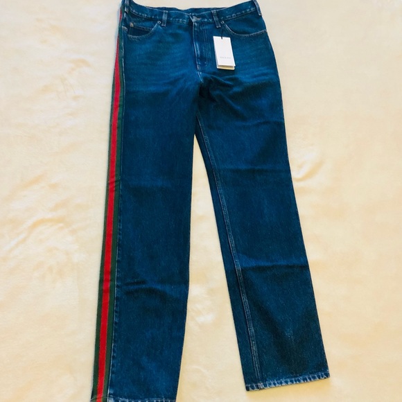 🇮🇹New Gucci Green Red Side Stripe Straight Leg Blue Jeans🇮🇹 - Picture 3 of 16